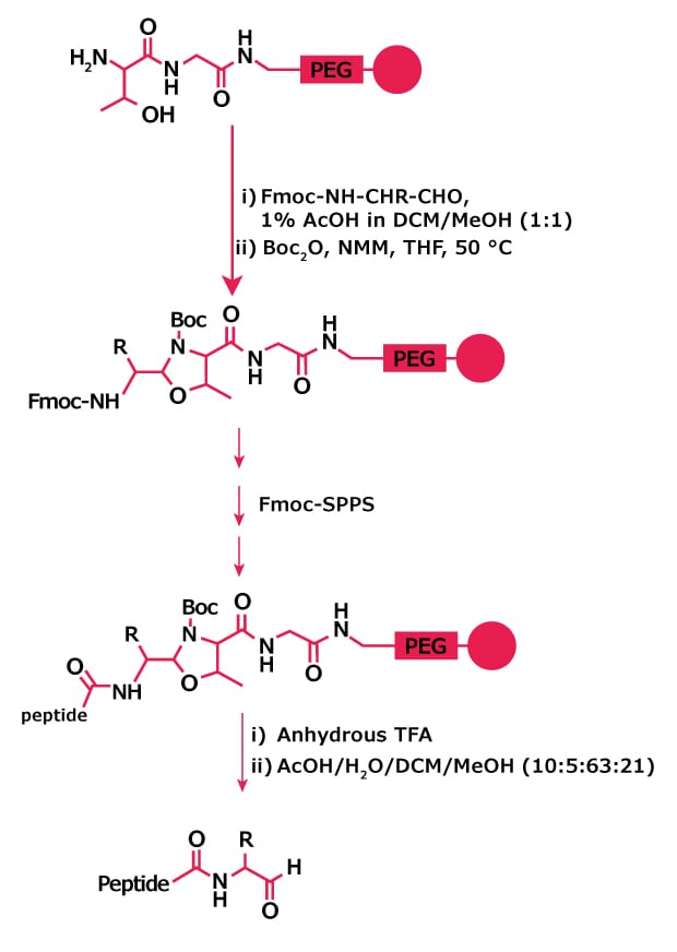 Preparation of peptide aldehydes using H‑Thr‑Gly‑NovaSyn® TG resin Scheme showing conversion of H‑Thr‑Gly‑NovaSyn® TG resin to the corresponding peptide aldehyde through selective oxidation and resin cleavage conditions.